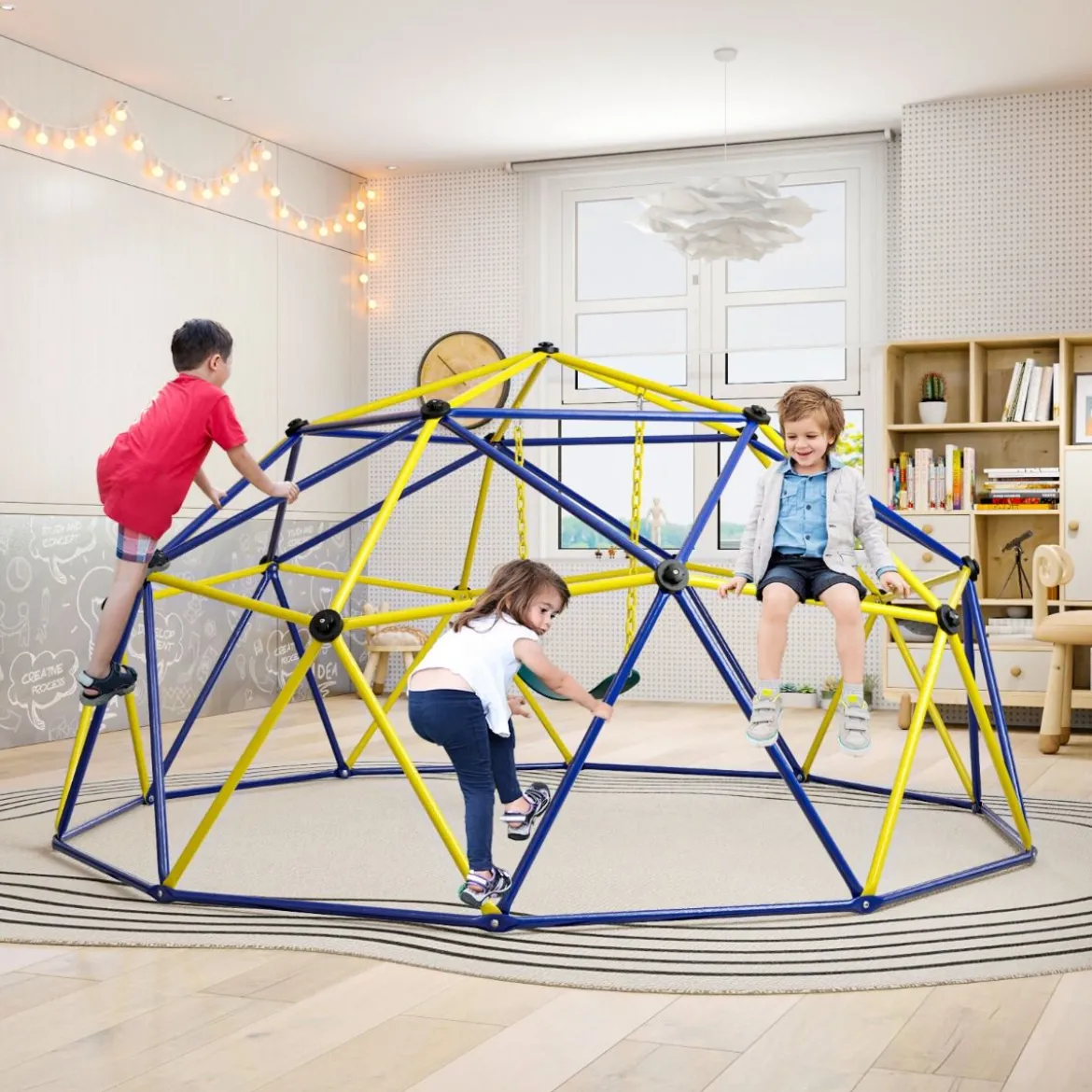 Ø 305cm Kletterkuppel mit Schaukel Klettergerüst zum Schaukeln & Klttern Blau & Gelb & Grün
