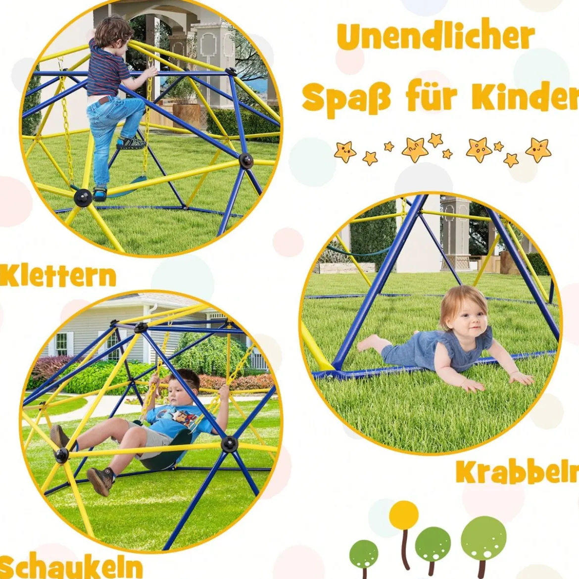Ø 305cm Kletterkuppel mit Schaukel Klettergerüst zum Schaukeln & Klttern Blau & Gelb & Grün