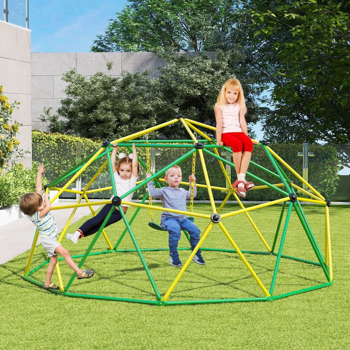 Ø 305cm Kletterkuppel mit Schaukel Klettergerüst zum Schaukeln & Klttern Grün + Gelb