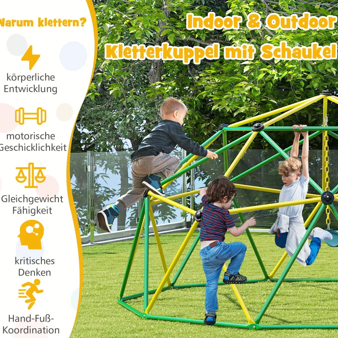 Ø 305cm Kletterkuppel mit Schaukel Klettergerüst zum Schaukeln & Klttern Grün + Gelb