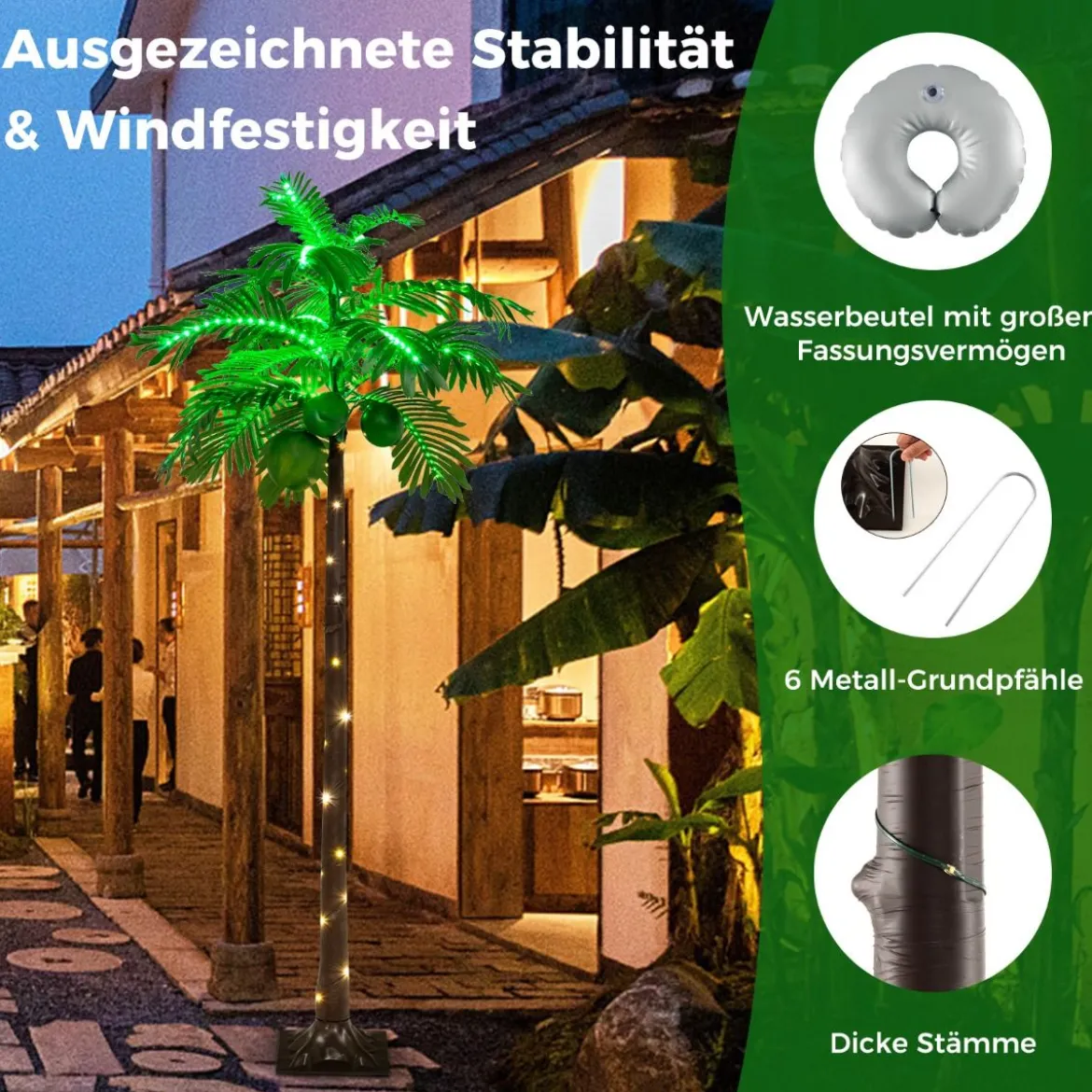 180 cm Künstliche beleuchtete Palme mit 309 LED-Lichtern & 3 Kokosnüssen & Wasserbeutel