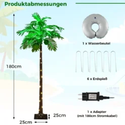 180 cm Künstliche beleuchtete Palme mit 309 LED-Lichtern & 3 Kokosnüssen & Wasserbeutel