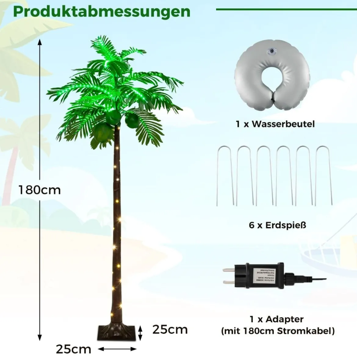 180 cm Künstliche beleuchtete Palme mit 309 LED-Lichtern & 3 Kokosnüssen & Wasserbeutel