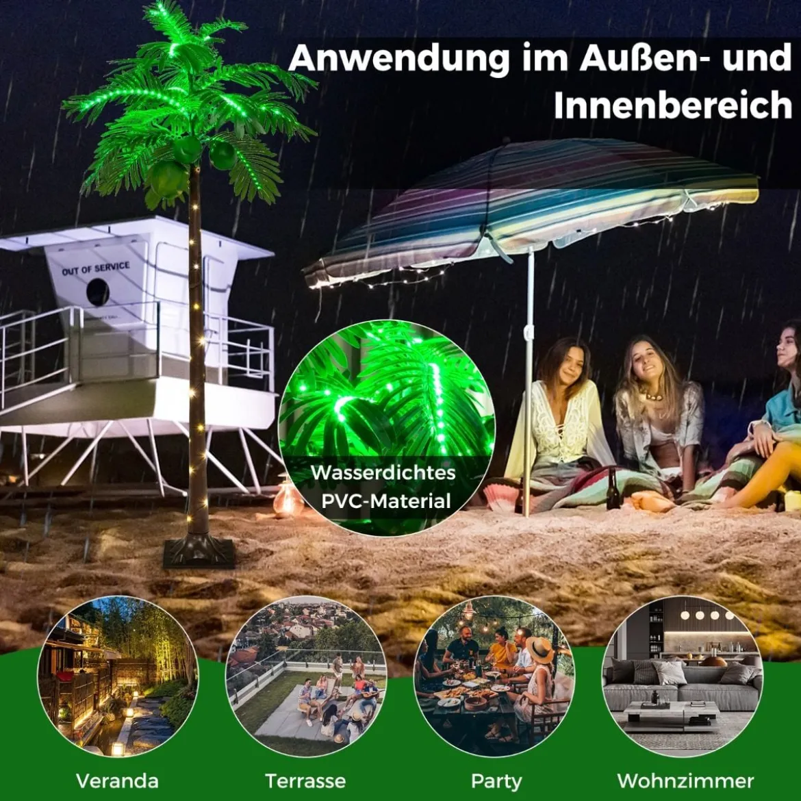 180 cm Künstliche beleuchtete Palme mit 309 LED-Lichtern & 3 Kokosnüssen & Wasserbeutel