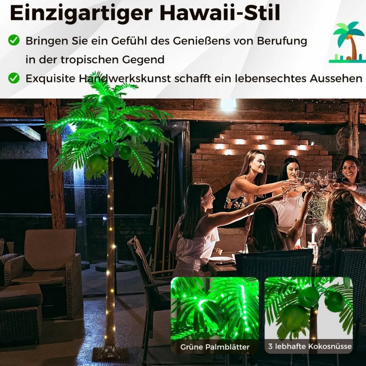 180 cm Künstliche beleuchtete Palme mit 309 LED-Lichtern & 3 Kokosnüssen & Wasserbeutel