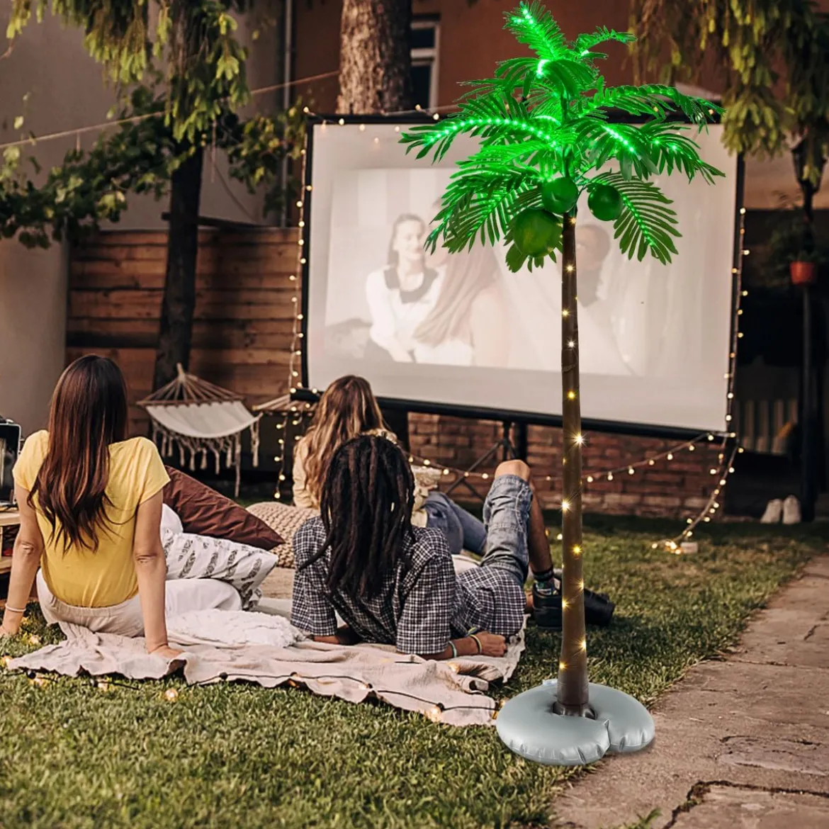 180 cm Künstliche beleuchtete Palme mit 309 LED-Lichtern & 3 Kokosnüssen & Wasserbeutel