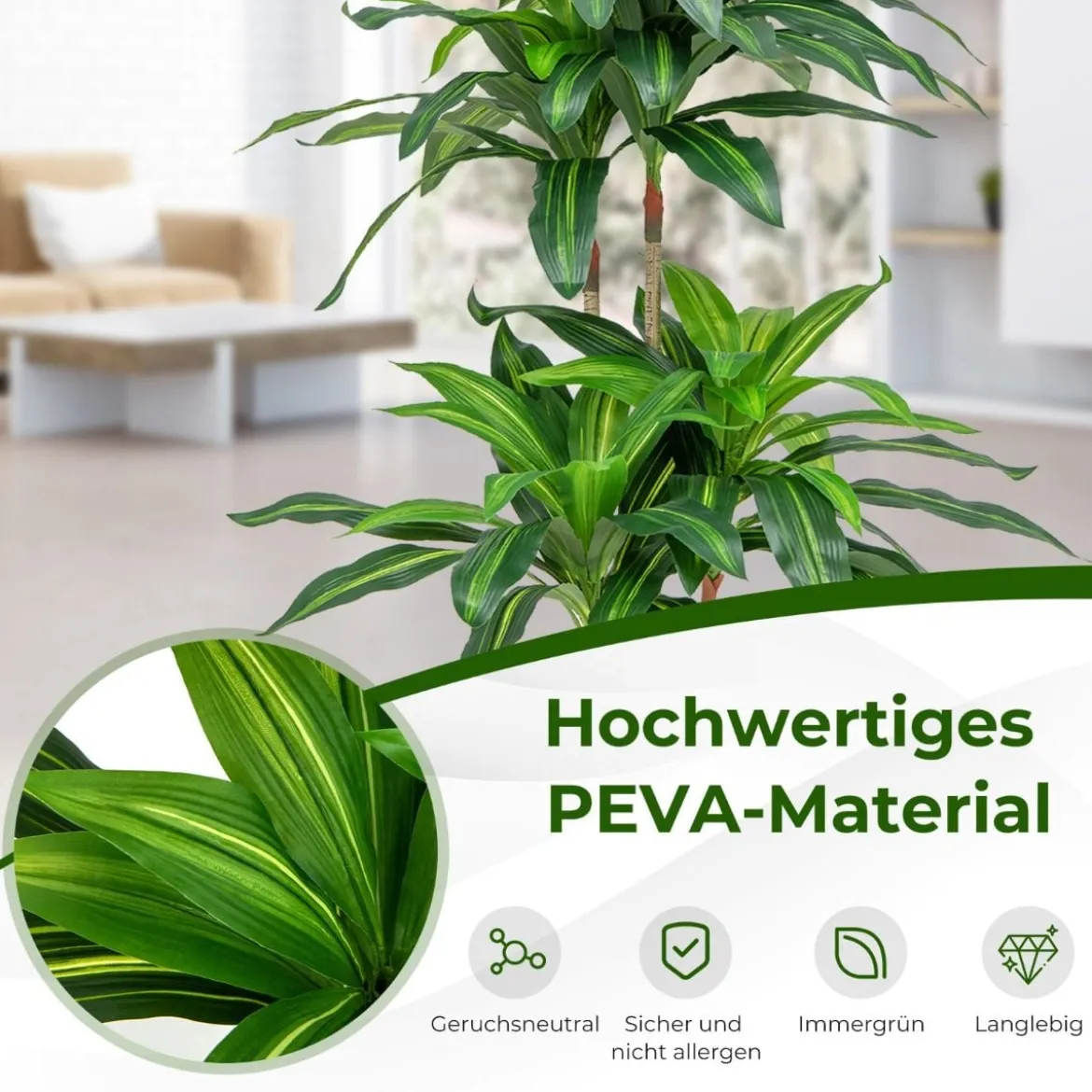 140 cm Künstliche Pflanze Dracena mit Topf & 92 Blättern Kunstpflanze Kunstbaum Palme Grün