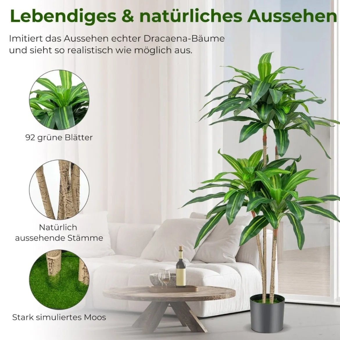 140 cm Künstliche Pflanze Dracena mit Topf & 92 Blättern Kunstpflanze Kunstbaum Palme Grün