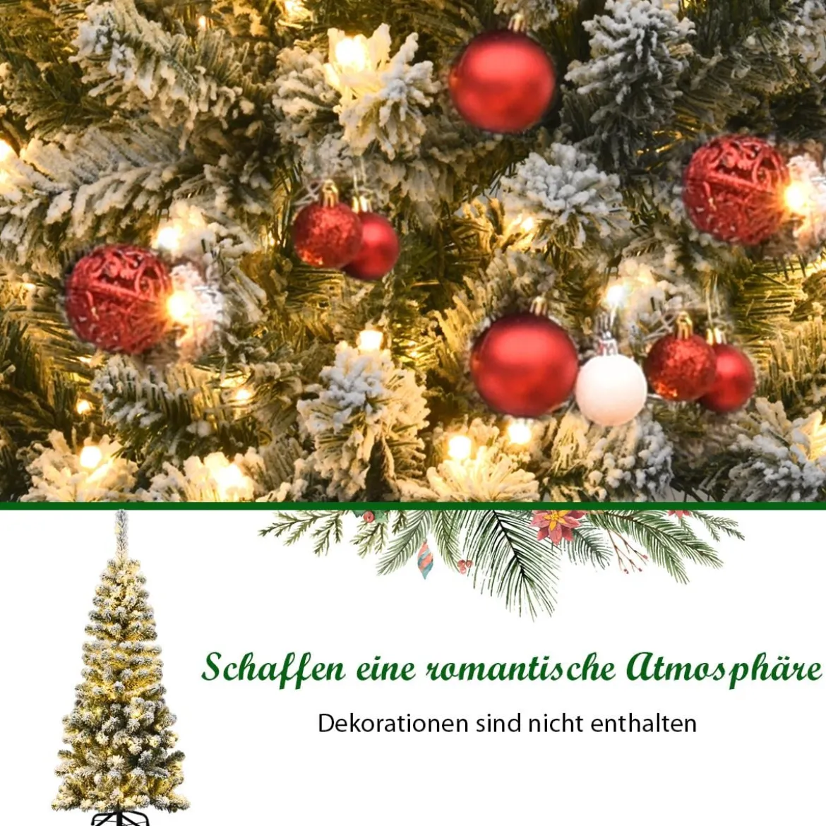 135 cm künstlicher Bleistift-Weihnachtsbaum mit Schnee und 150 LED-Lichtern