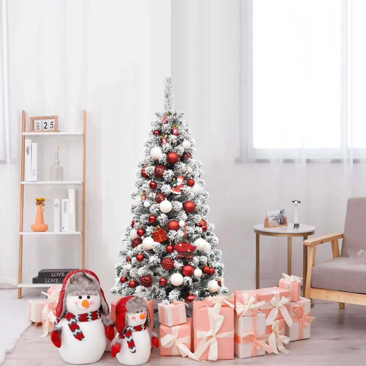 135 cm künstlicher Bleistift-Weihnachtsbaum mit Schnee und 150 LED-Lichtern