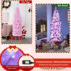 180 cm Künstlicher Bleistift Weihnachtsbaum mit 250 Kaltweißen LEDs Schlank Christbaum Rosa