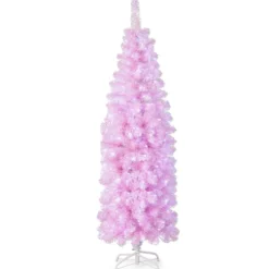 180 cm Künstlicher Bleistift Weihnachtsbaum mit 250 Kaltweißen LEDs Schlank Christbaum Rosa