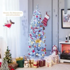 180 cm Künstlicher Bleistift Weihnachtsbaum mit 250 Kaltweißen LEDs Schlank Weiß + Schwarz