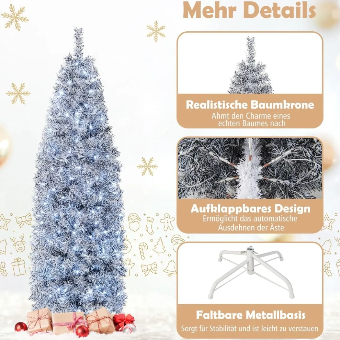 180 cm Künstlicher Bleistift Weihnachtsbaum mit 250 Kaltweißen LEDs Schlank Weiß + Schwarz