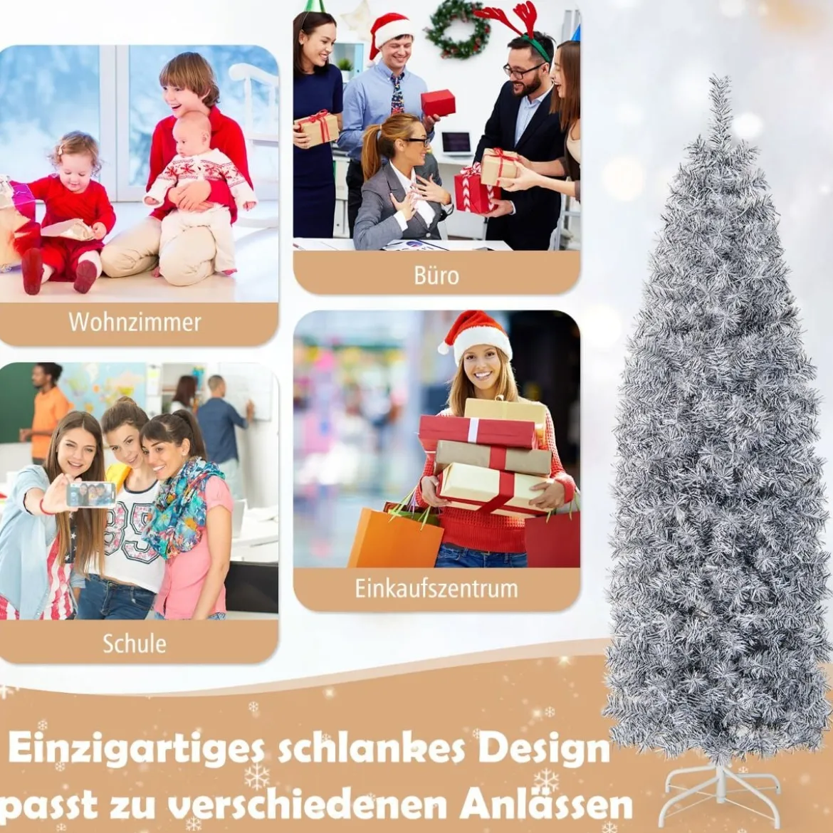 180 cm Künstlicher Bleistift Weihnachtsbaum mit 250 Kaltweißen LEDs Schlank Weiß + Schwarz
