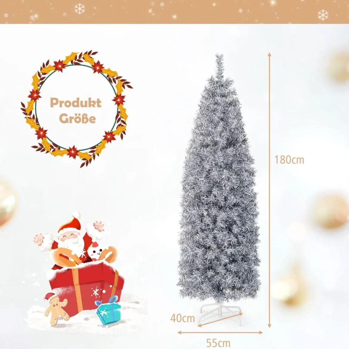 180 cm Künstlicher Bleistift Weihnachtsbaum mit 250 Kaltweißen LEDs Schlank Weiß + Schwarz