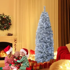 180 cm Künstlicher Bleistift Weihnachtsbaum mit 250 Kaltweißen LEDs Schlank Weiß + Schwarz