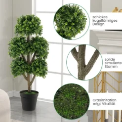 115 cm Künstlicher Buchsbaum im Topf mit 5 Kugeln Kunstpflanze Dekopflanze Kugelbaum