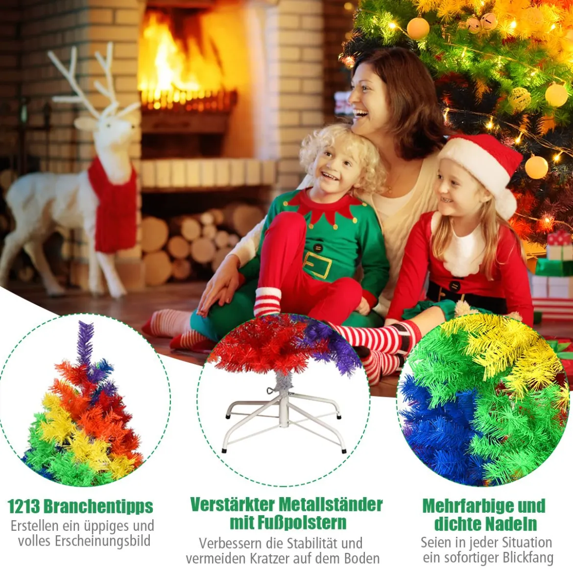 210cm Künstlicher bunter Weihnachtsbaum mit Metallständer PVC Baum mit 1213 Tannen Weihnachtsbaum faltbar