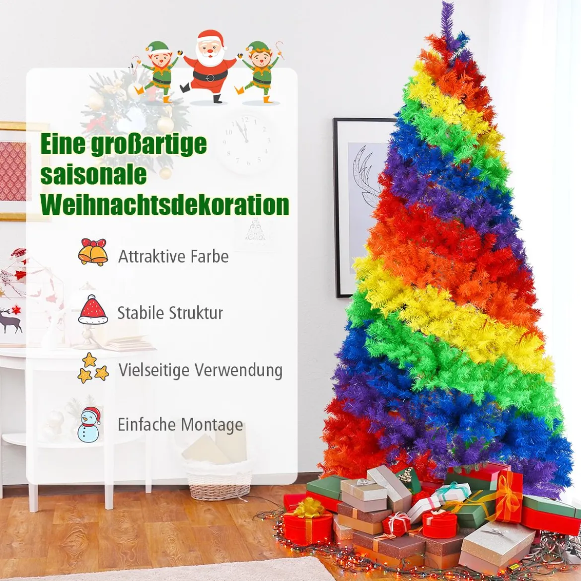 210cm Künstlicher bunter Weihnachtsbaum mit Metallständer PVC Baum mit 1213 Tannen Weihnachtsbaum faltbar