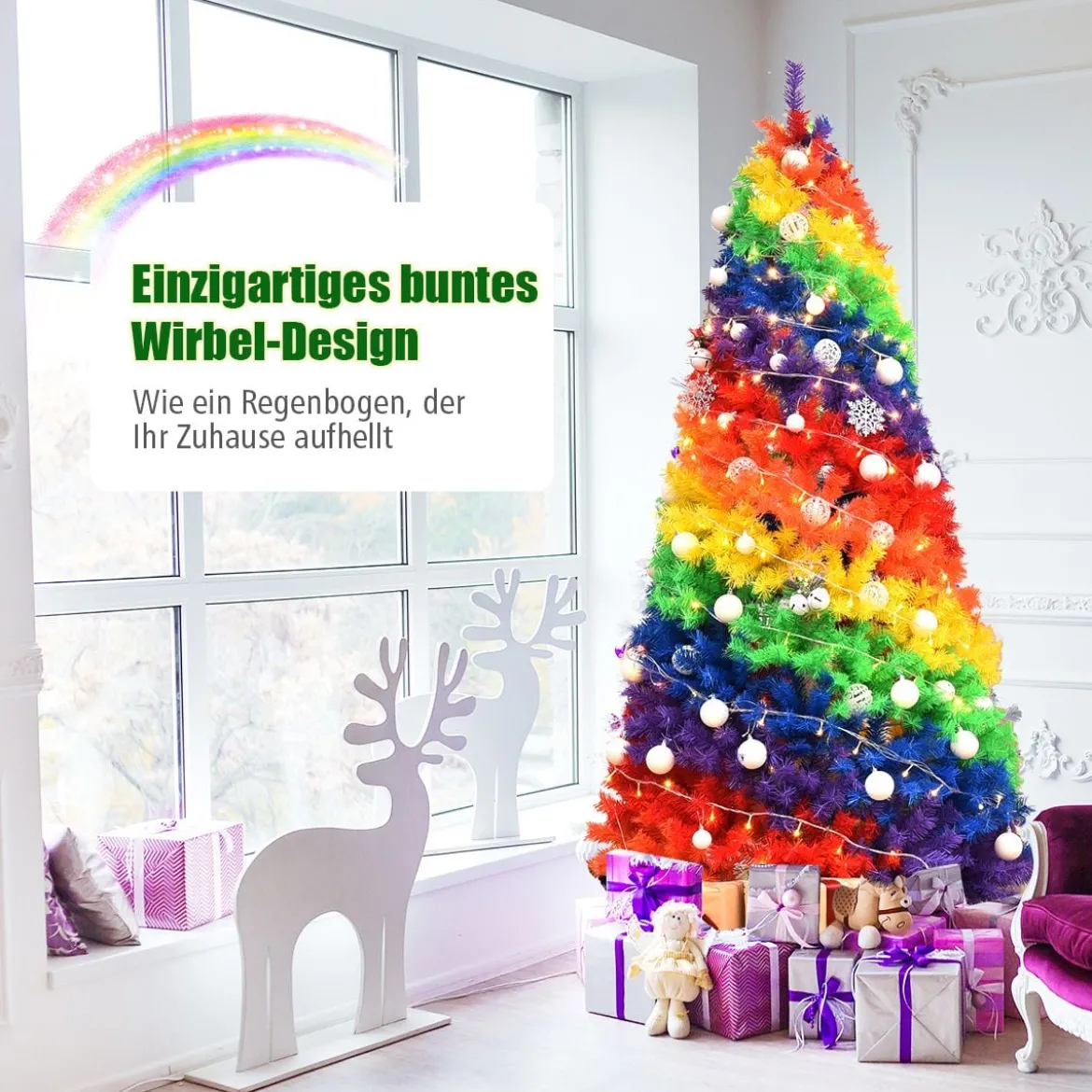 210cm Künstlicher bunter Weihnachtsbaum mit Metallständer PVC Baum mit 1213 Tannen Weihnachtsbaum faltbar