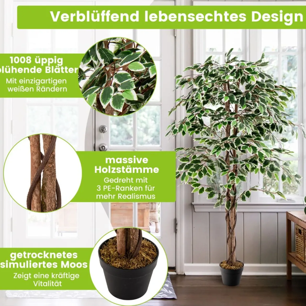 160 cm Künstlicher Ficus-Baum mit 1008 Blättern & Natürlichem Holzstamm & Stabiler Blumentopf
