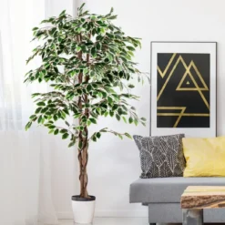 160 cm Künstlicher Ficus-Baum mit 1008 Blättern & Natürlichem Holzstamm & Stabiler Blumentopf