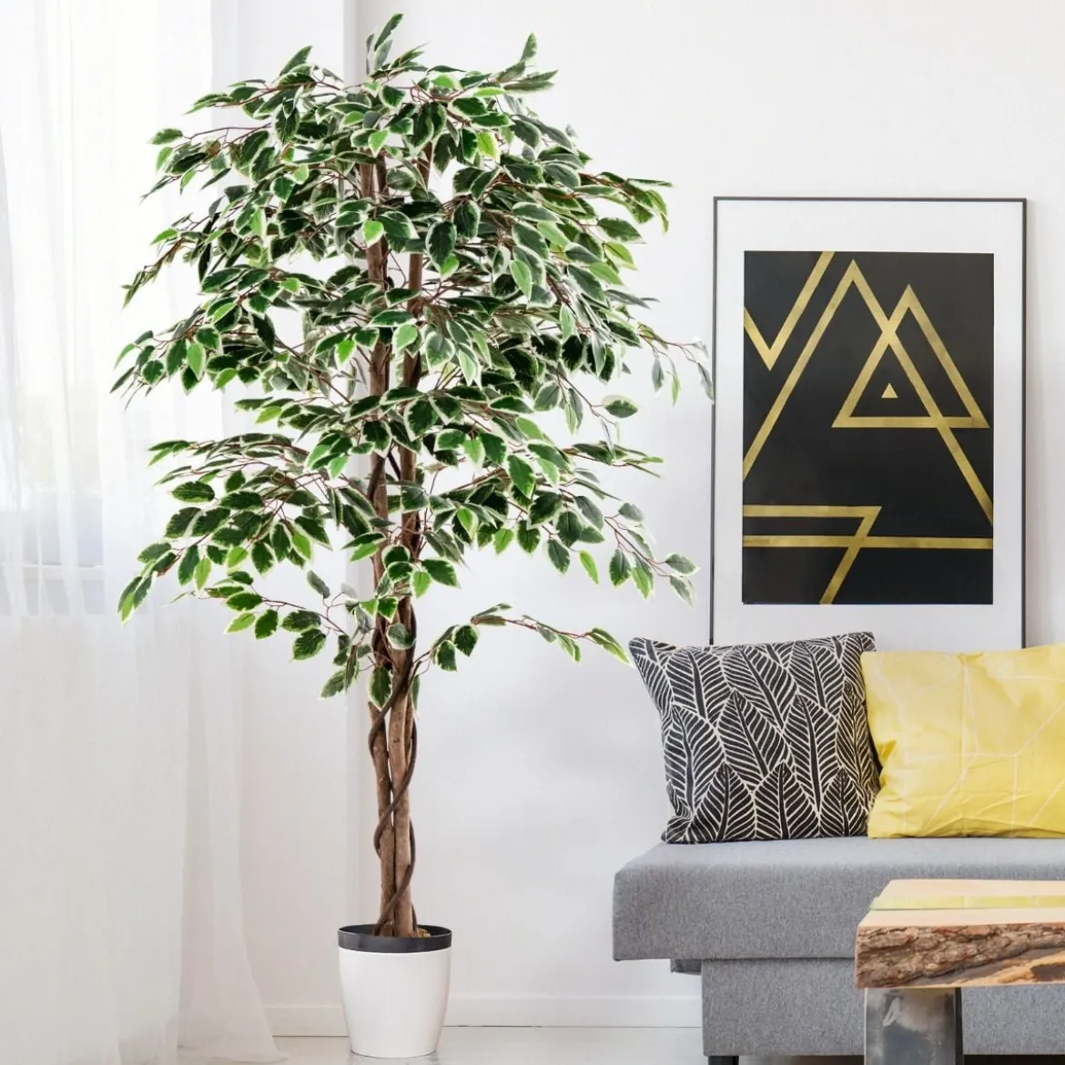 160 cm Künstlicher Ficus-Baum mit 1008 Blättern & Natürlichem Holzstamm & Stabiler Blumentopf