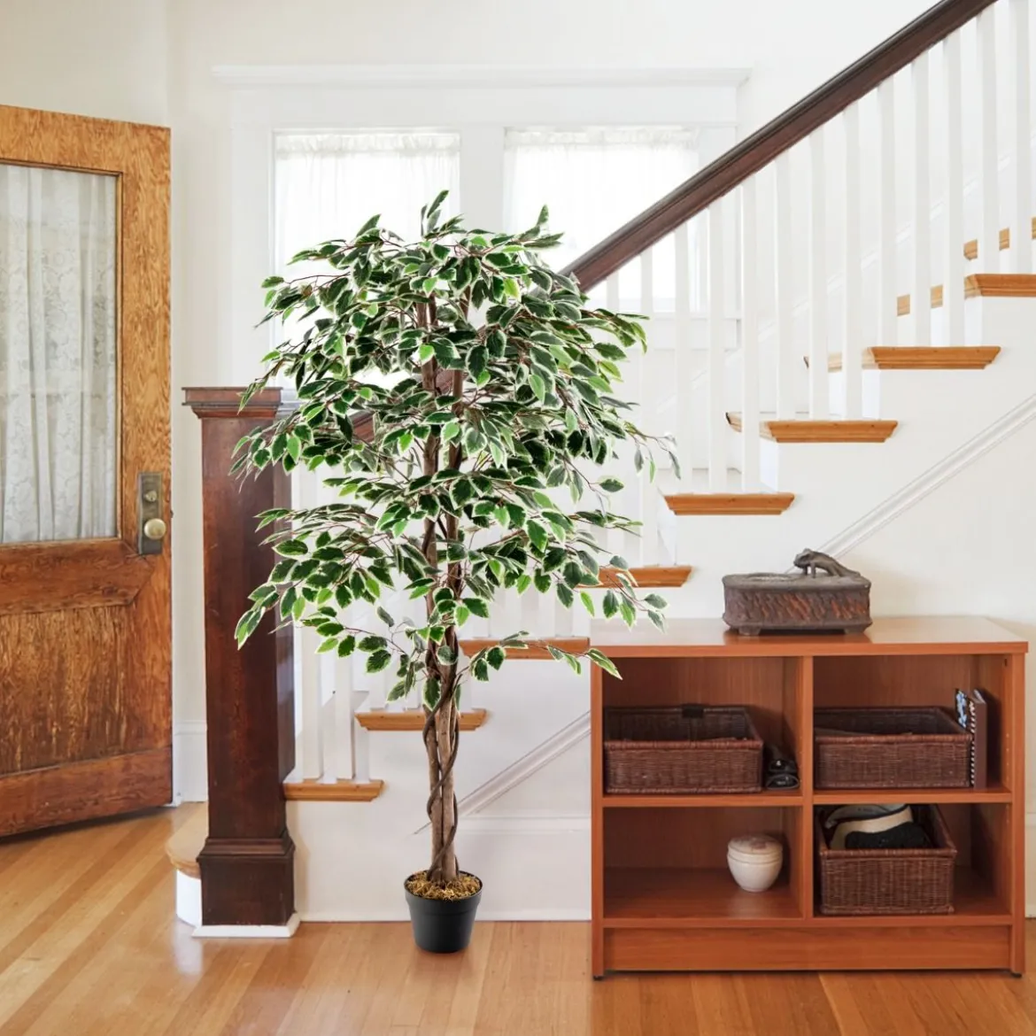 160 cm Künstlicher Ficus-Baum mit 1008 Blättern & Natürlichem Holzstamm & Stabiler Blumentopf