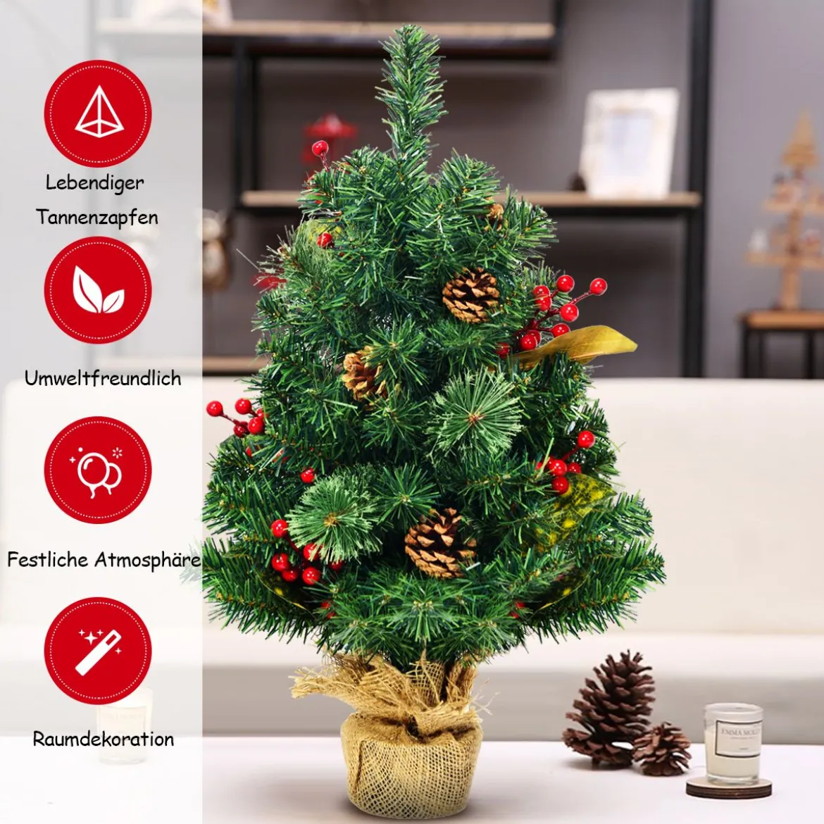60 cm Künstlicher Kiefern Tischweihnachtsbaum mit Sackleinen Basis
