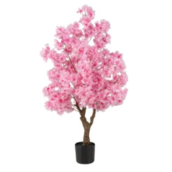 120 cm Künstlicher Kirschblütenbaum Faux blühender Blumenbaum mit Rosa Blüten mehrzweig PE-Stamm