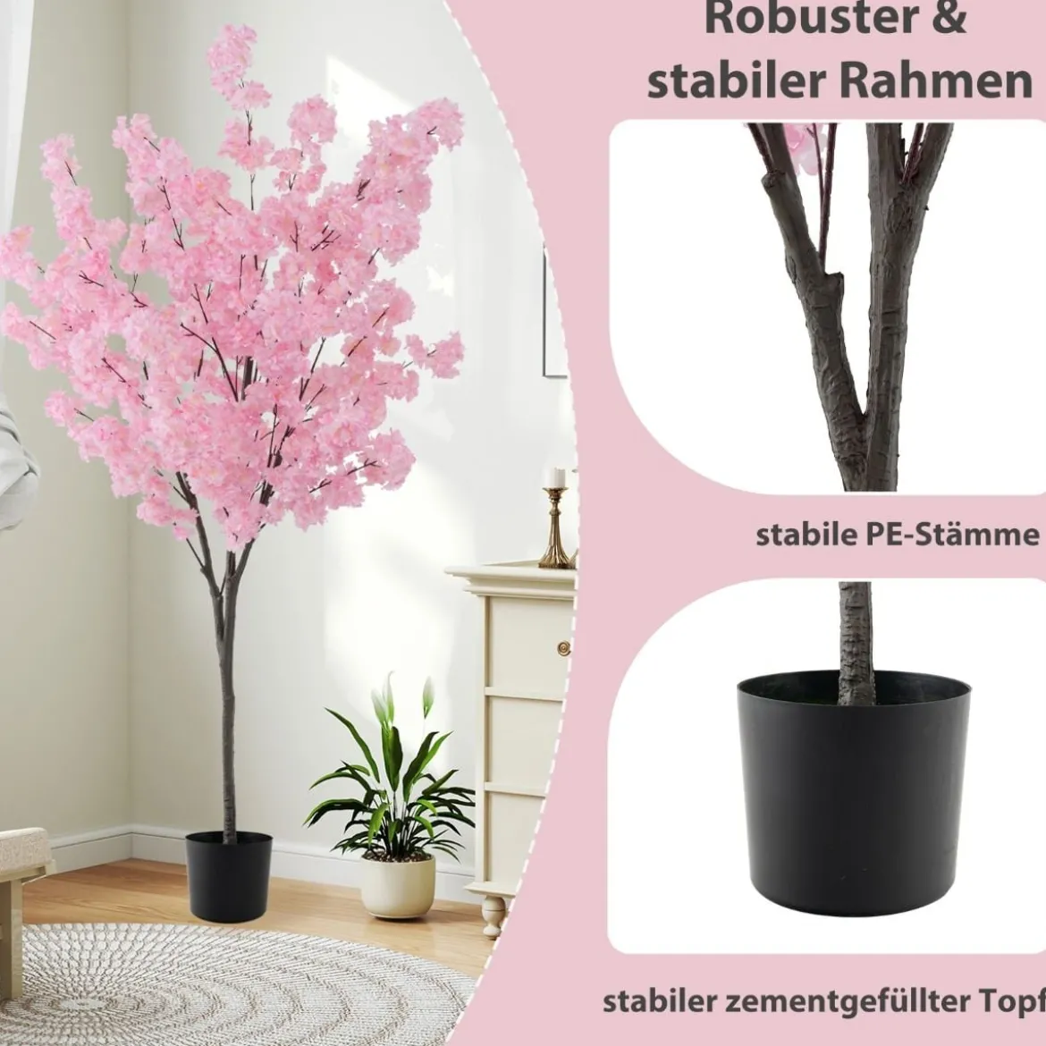 190 cm Künstlicher Kirschblütenbaum Kunstpflanze mit Blüten in Rosa Kunstbaum im Topf