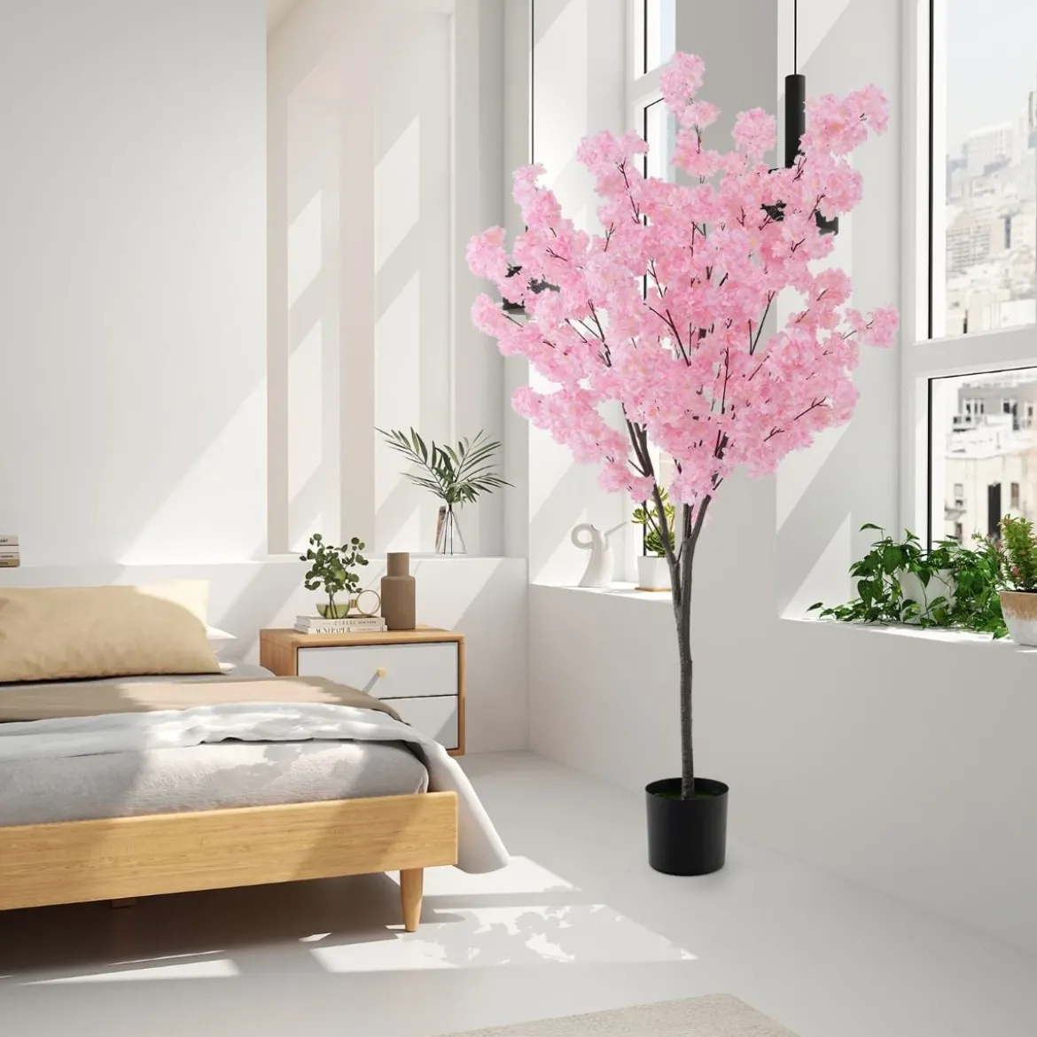 190 cm Künstlicher Kirschblütenbaum Kunstpflanze mit Blüten in Rosa Kunstbaum im Topf