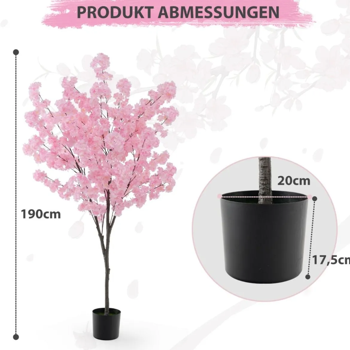190 cm Künstlicher Kirschblütenbaum Kunstpflanze mit Blüten in Rosa Kunstbaum im Topf