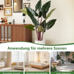 160 cm Künstlicher Pflanzen mit 11 Blättern & Regenbogen-Taro-Zweig Moderner Kunstbaum