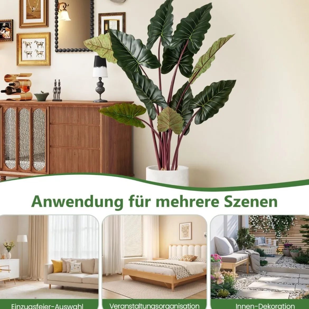 160 cm Künstlicher Pflanzen mit 11 Blättern & Regenbogen-Taro-Zweig Moderner Kunstbaum