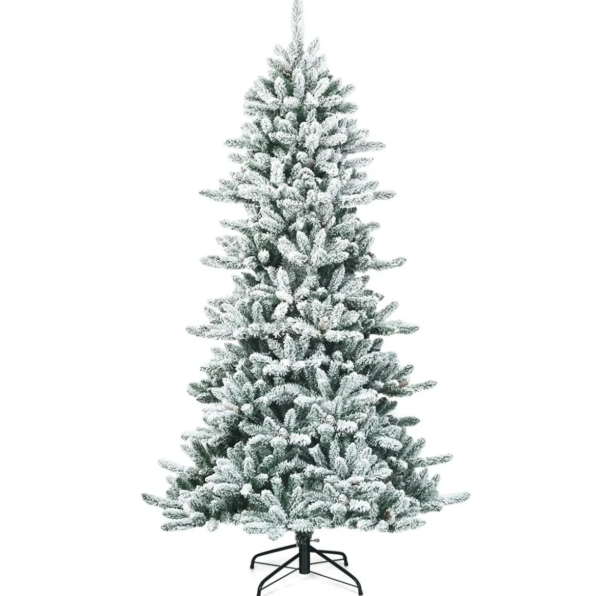 210 cm Künstlicher Schneebedeckter Bleistift Weihnachtsbaum mit Kiefernzapfen Grün + Weiß