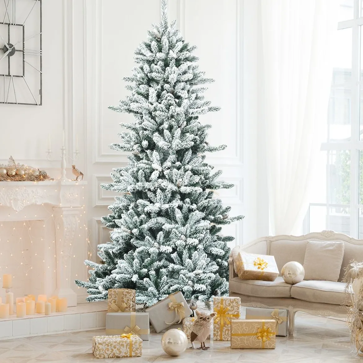 210 cm Künstlicher Schneebedeckter Bleistift Weihnachtsbaum mit Kiefernzapfen Grün + Weiß