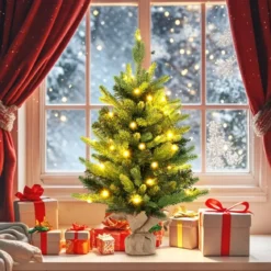 60 cm Künstlicher Tisch Weihnachtsbaum mit LED-Leuchten und Timer-Funktion Grün
