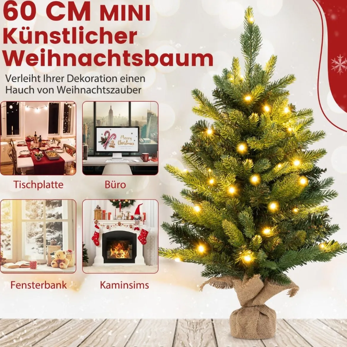 60 cm Künstlicher Tisch Weihnachtsbaum mit LED-Leuchten und Timer-Funktion Grün