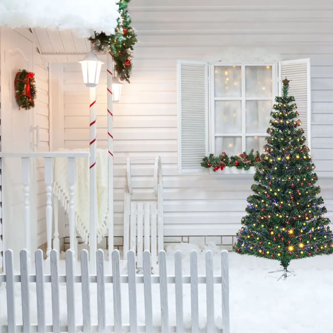 180 cm Künstlicher Weihnachtsbaum Beleuchteter Lichtleitfaser Baum mit LED Lichter Grün