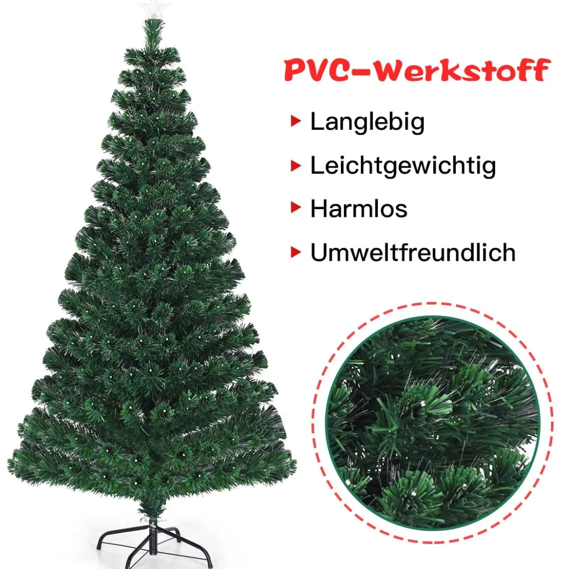 180 cm Künstlicher Weihnachtsbaum Beleuchteter Lichtleitfaser Baum mit LED Lichter Grün