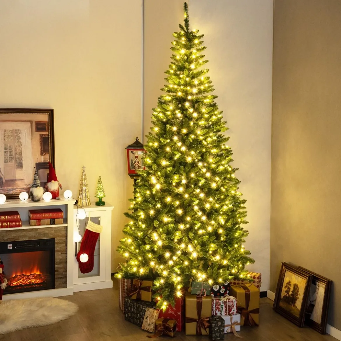 240 cm Künstlicher Weihnachtsbaum mit Beleuchtung für 270° Ecke Kunstbaum Weihnachten für Zuhause Grün
