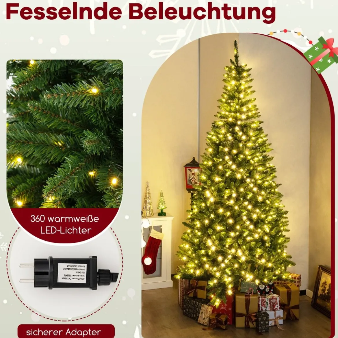240 cm Künstlicher Weihnachtsbaum mit Beleuchtung für 270° Ecke Kunstbaum Weihnachten für Zuhause Grün
