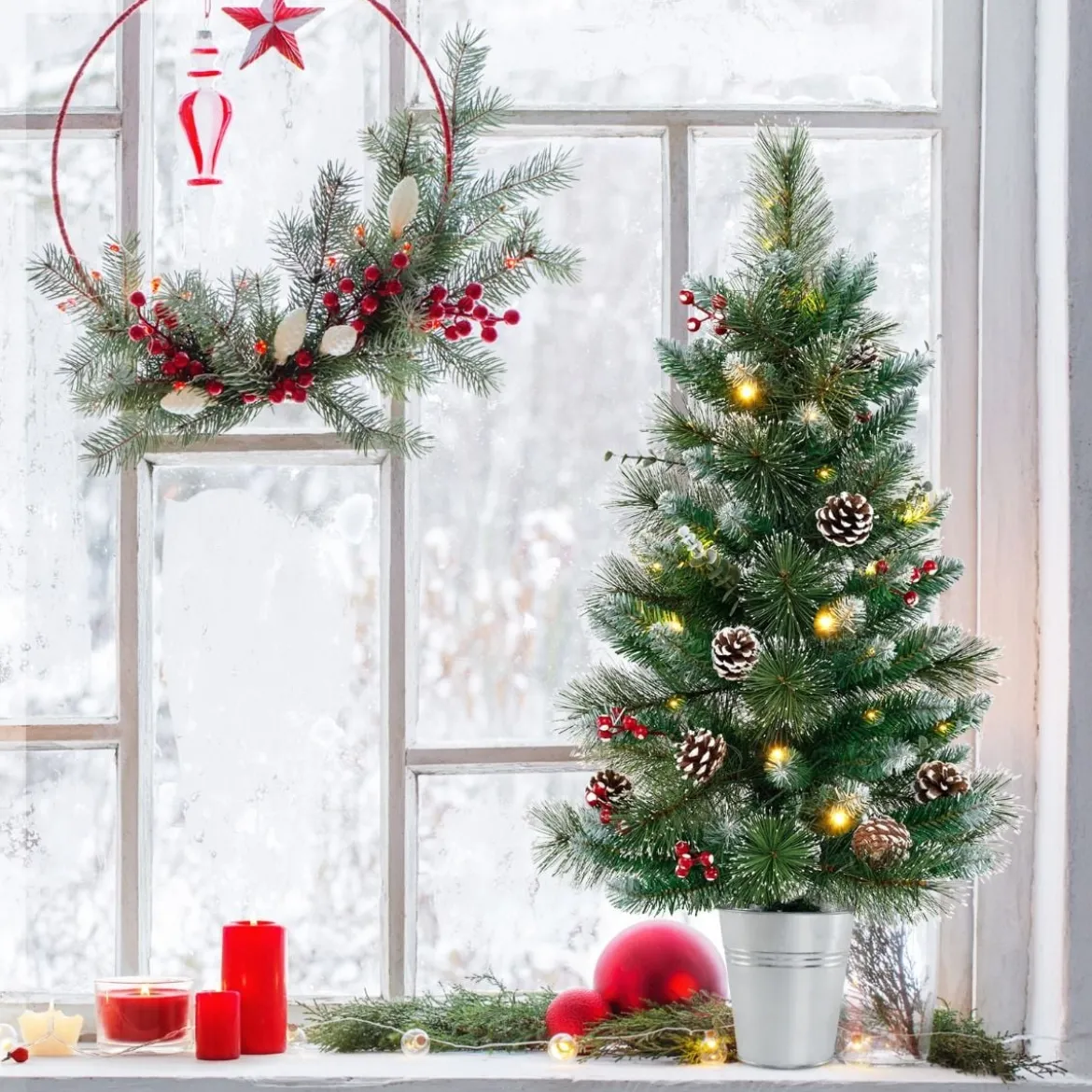 90 cm Künstlicher Weihnachtsbaum im Topf mit Beleuchtung & Beeren Kleiner Tannenbaum