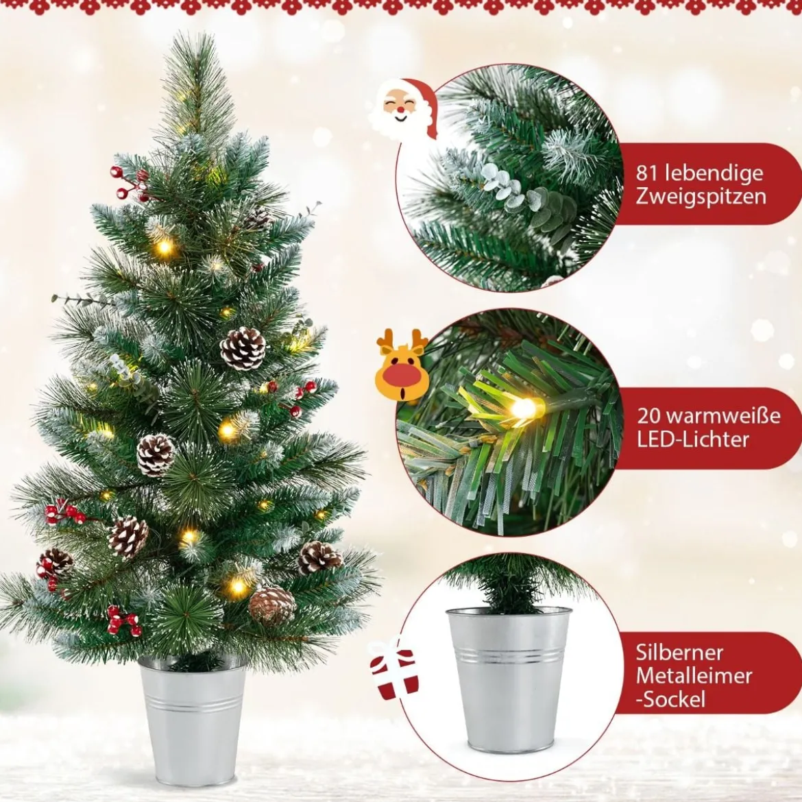90 cm Künstlicher Weihnachtsbaum im Topf mit Beleuchtung & Beeren Kleiner Tannenbaum