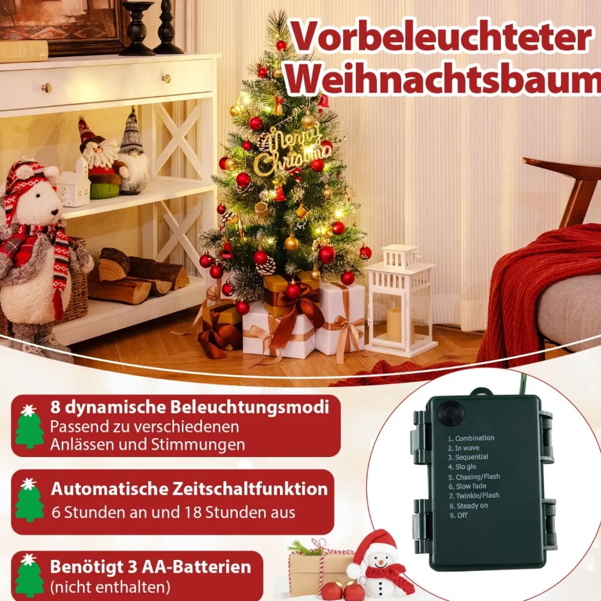 90 cm Künstlicher Weihnachtsbaum im Topf mit Beleuchtung & Beeren Kleiner Tannenbaum