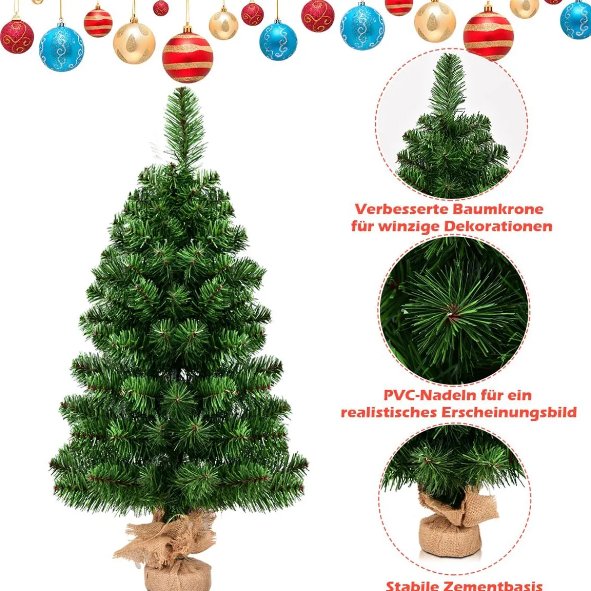 60/90cm Künstlicher Weihnachtsbaum Tannenbaum mit Zementbasis Christbaum Grün
