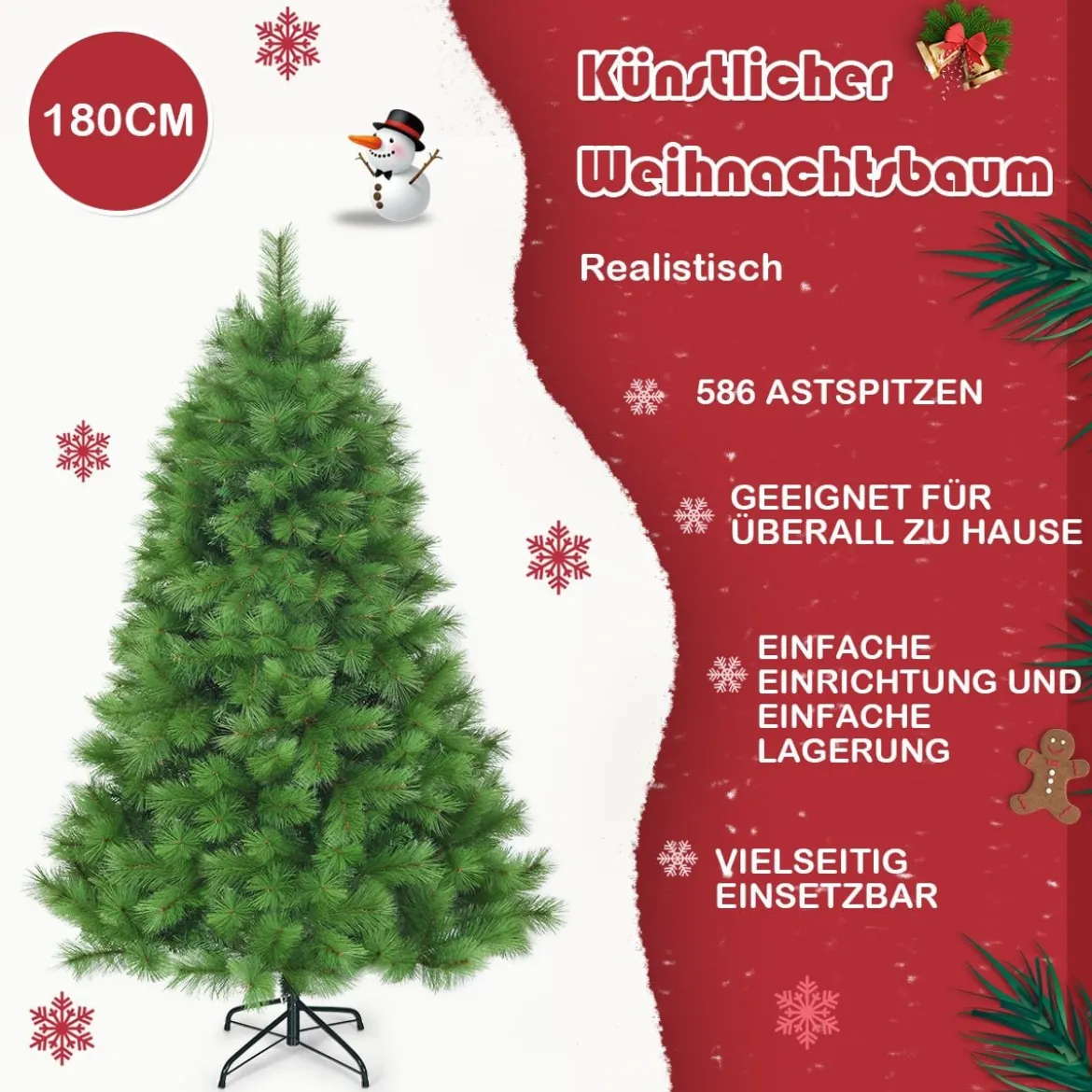 180 cm Künstlicher Weihnachtsbaum Christbaum PVC Nadeln Kunstbaum mit Metallständer Grün