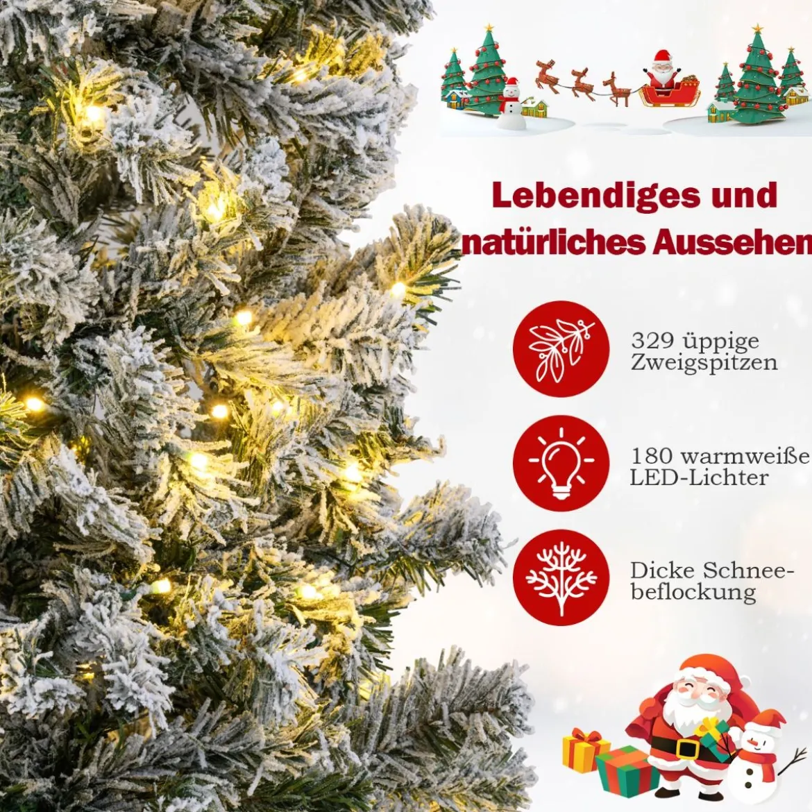 150 cm Künstlicher Weihnachtsbaum mit 180 Warmweißen LED-Lichtern & Schnee Bleistift Tannenbaum